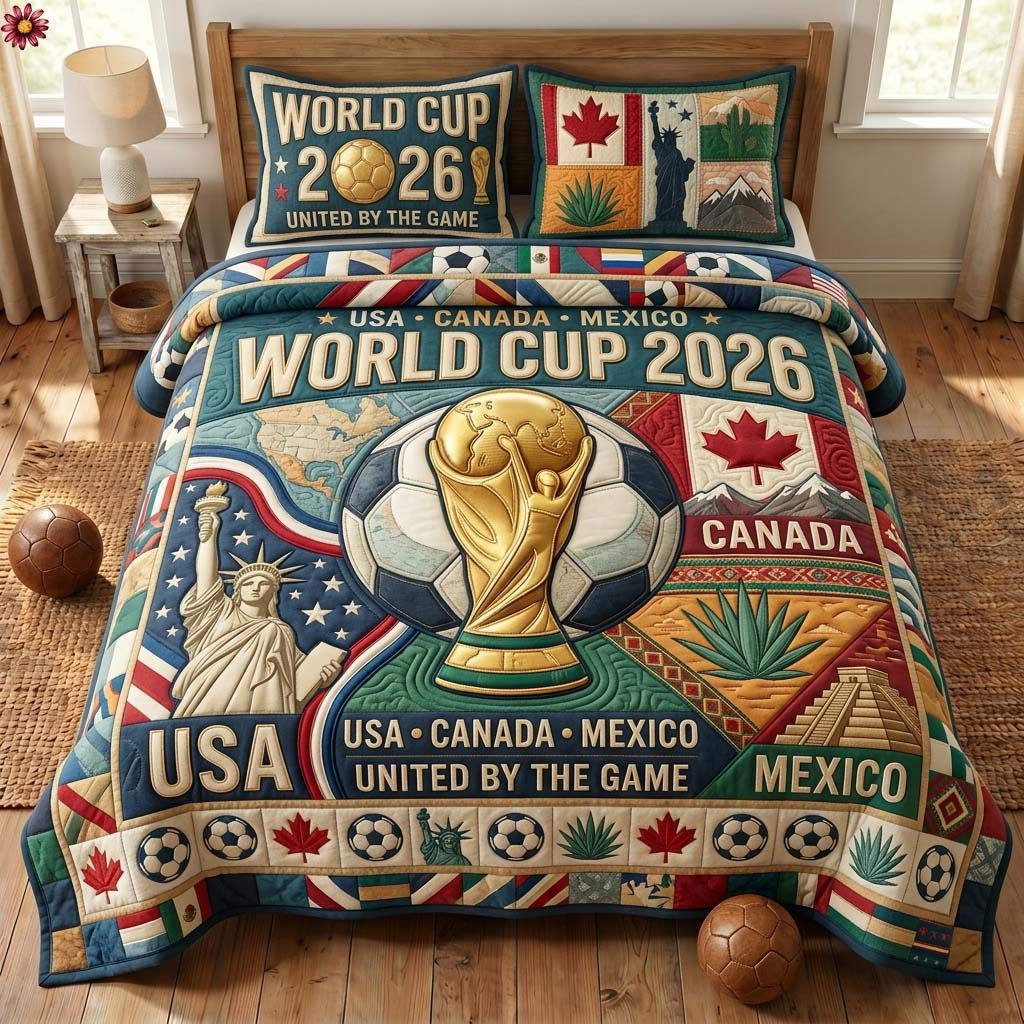 Host Nations quilted 3-piece bedding set on a made bed with two matching pillow shams
