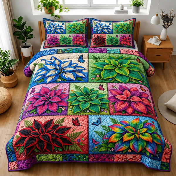 Hosta Haven quilted 3-piece bedding set on a made bed with two matching pillow shams