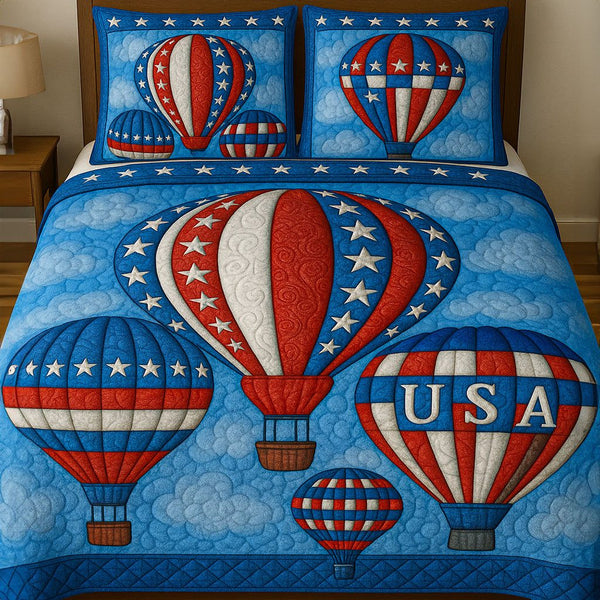 Hot Air Balloons quilted 3-piece bedding set on a made bed with two matching pillow shams