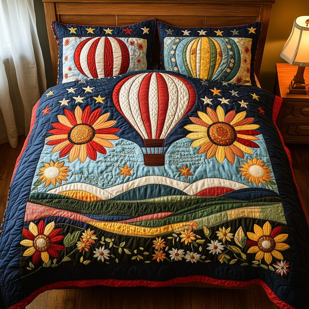 Hot Air Harvest quilted 3-piece bedding set on a made bed with two matching pillow shams