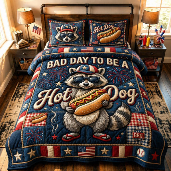 Hot Dog Trouble quilted 3-piece bedding set on a made bed with two matching pillow shams