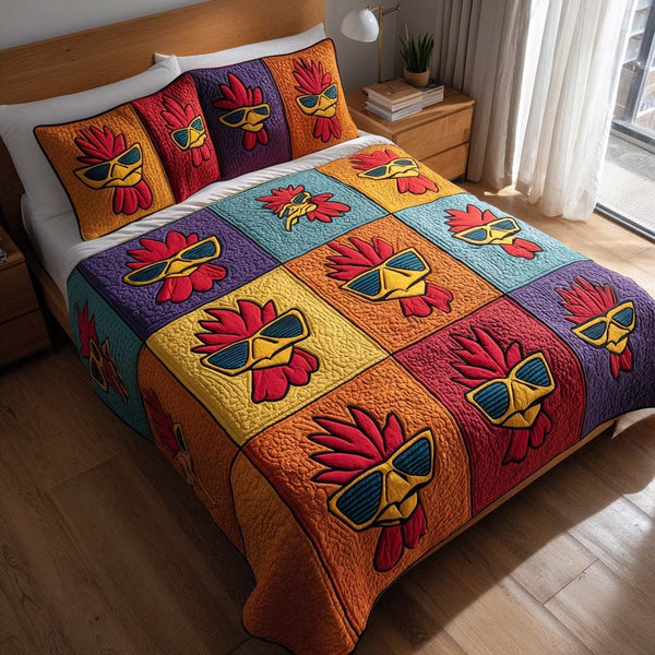 Hot Hen Alert quilted 3-piece bedding set on a made bed with two matching pillow shams
