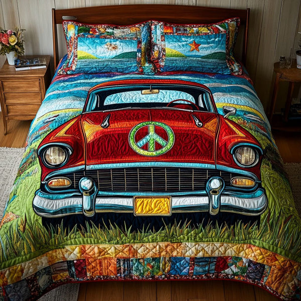 Hot Rod Haven quilted 3-piece bedding set on a made bed with two matching pillow shams