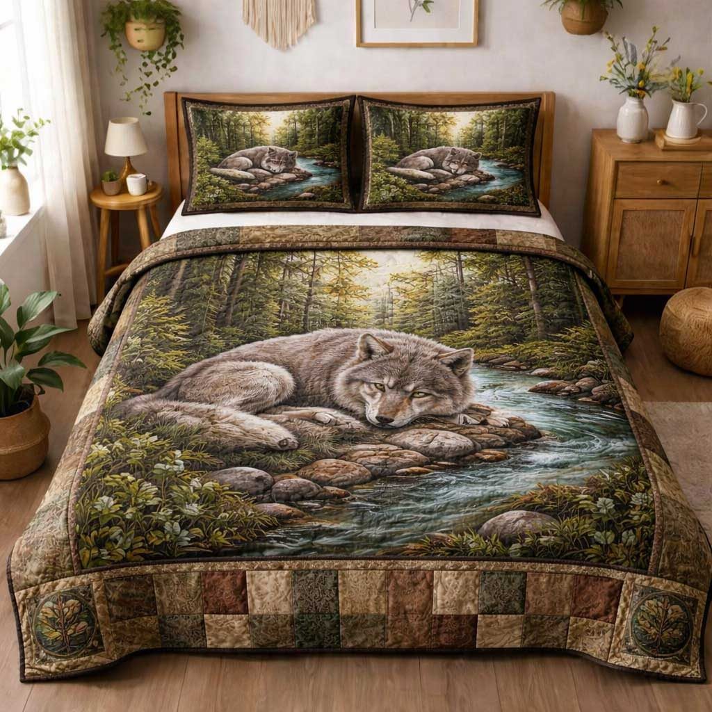 Howling Wolf quilted 3-piece bedding set on a made bed with two matching pillow shams