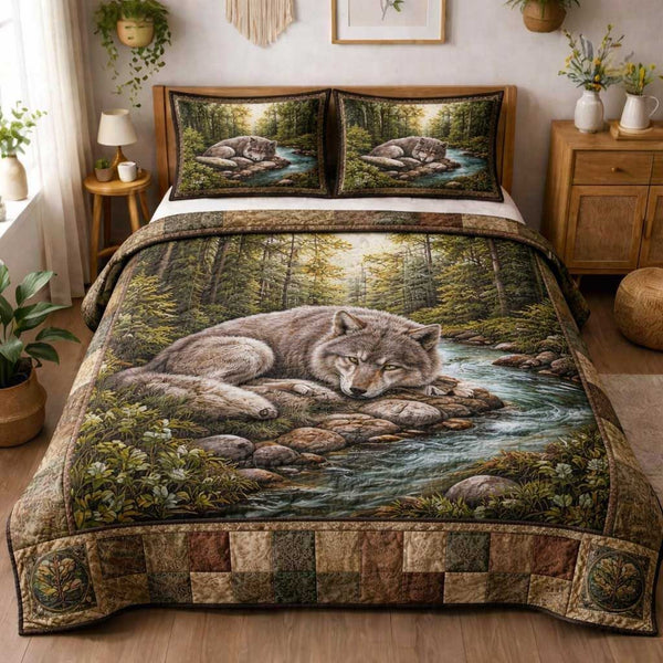 Howling Wolf quilted 3-piece bedding set on a made bed with two matching pillow shams