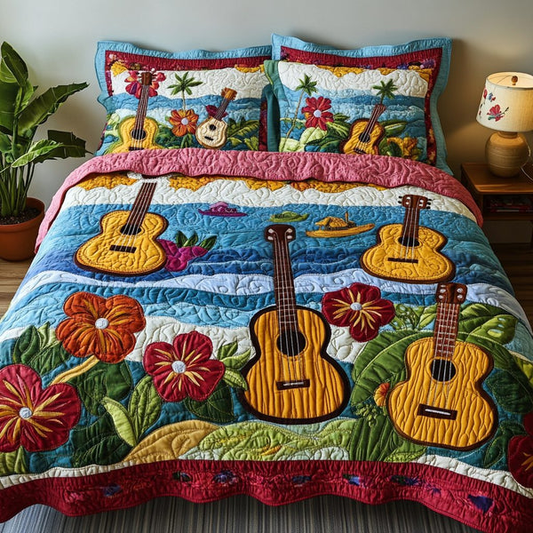 Hula Melody quilted 3-piece bedding set on a made bed with two matching pillow shams