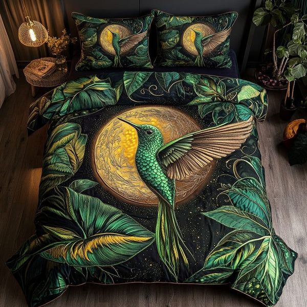Humming Breeze quilted 3-piece bedding set on a made bed with two matching pillow shams
