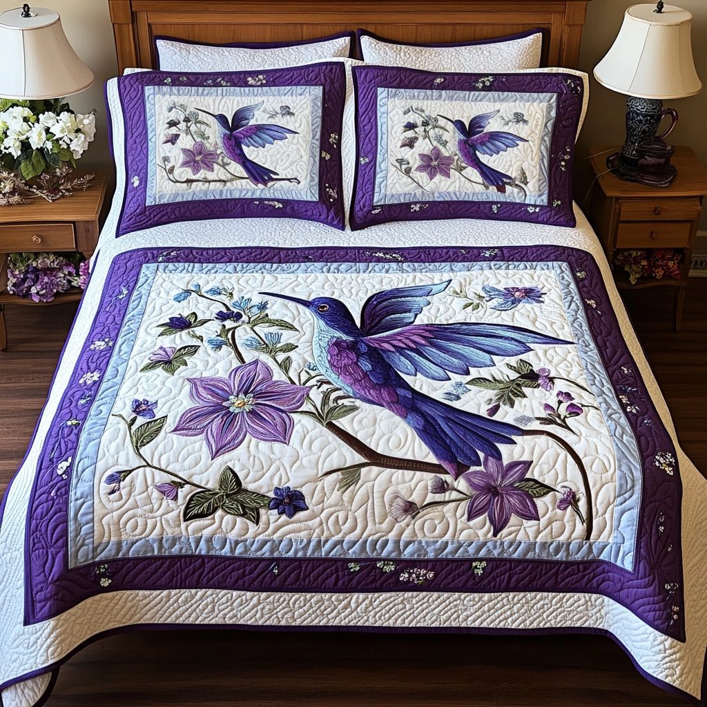 Humming Grace quilted 3-piece bedding set on a made bed with two matching pillow shams