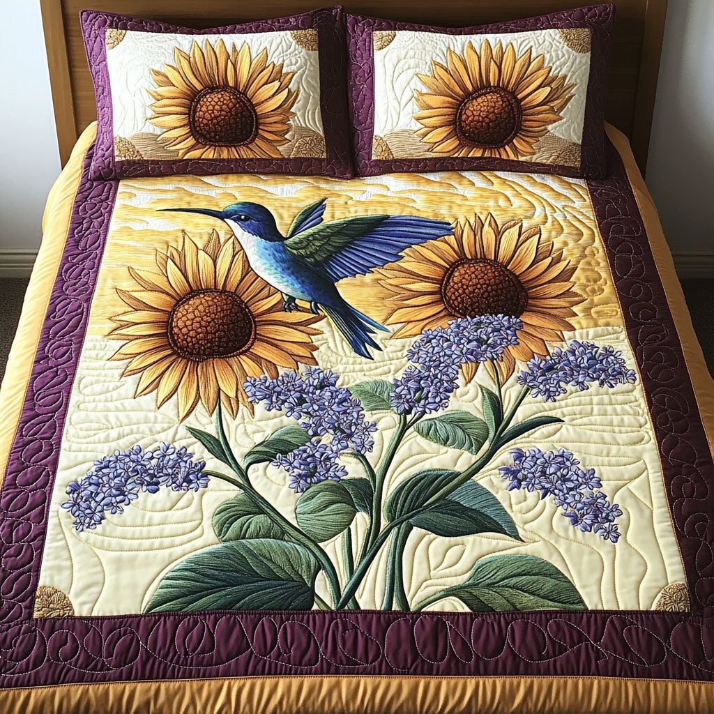 Humming Sunflower quilted 3-piece bedding set on a made bed with two matching pillow shams