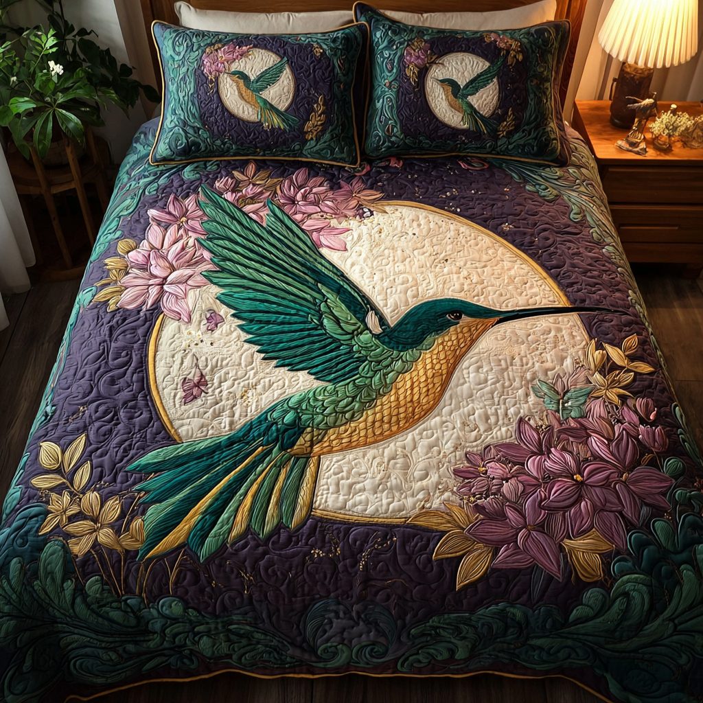 Hummingbird Beauty quilted 3-piece bedding set on a made bed with two matching pillow shams