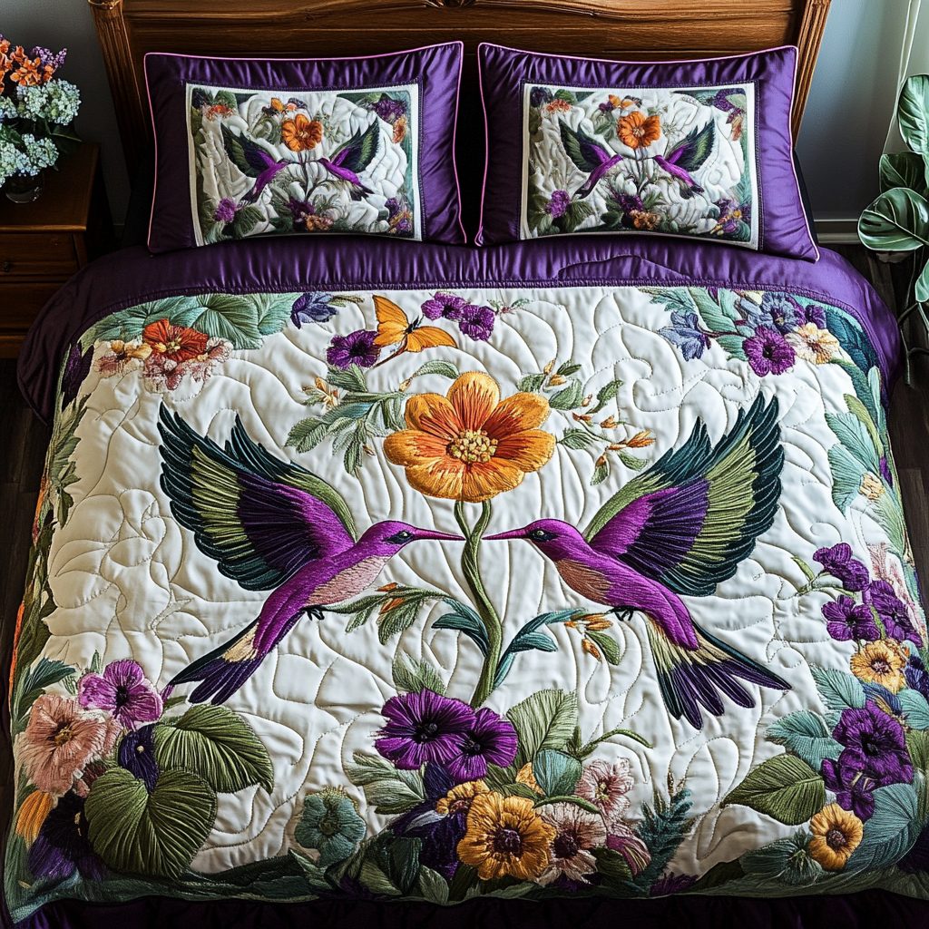 Hummingbird Bliss quilted 3-piece bedding set on a made bed with two matching pillow shams