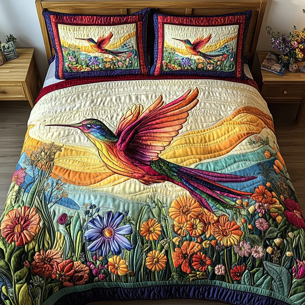 Hummingbird Bliss quilted 3-piece bedding set on a made bed with two matching pillow shams