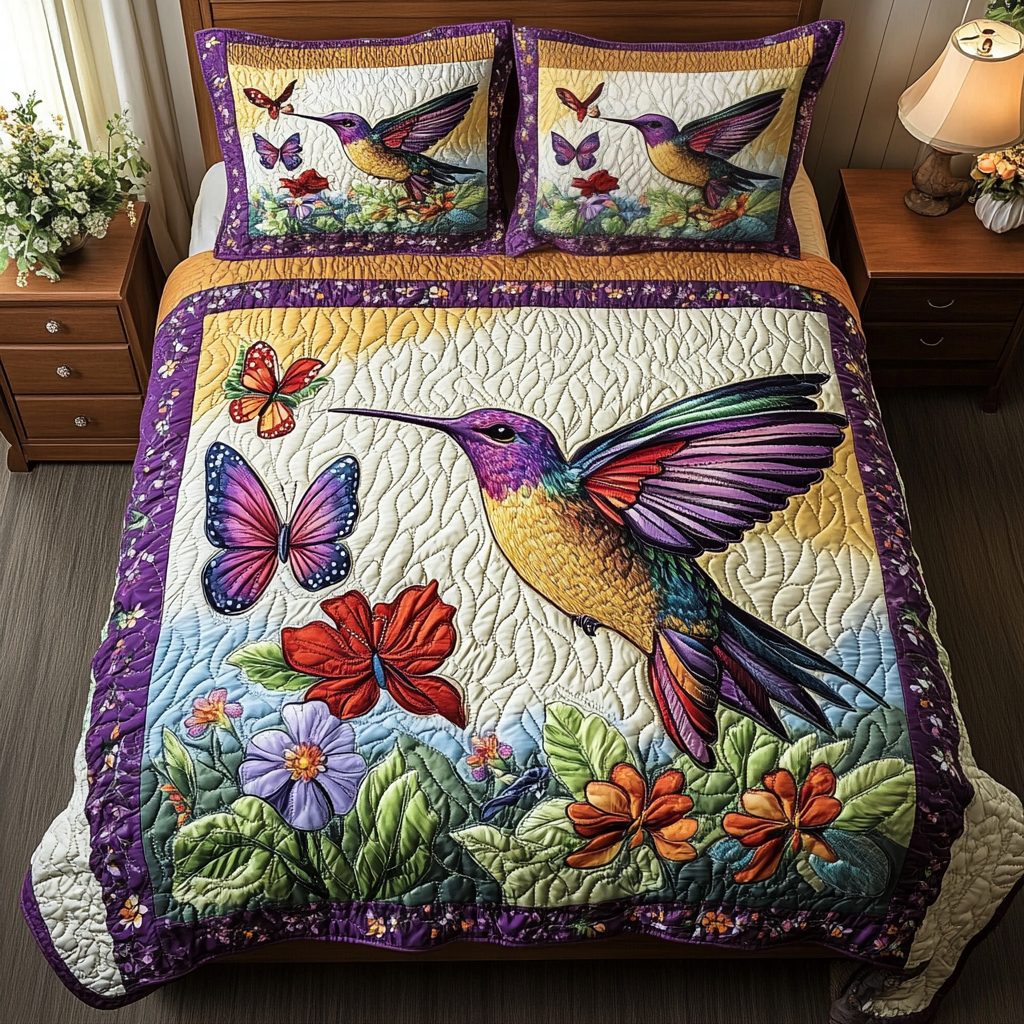 Hummingbird Bloom quilted 3-piece bedding set on a made bed with two matching pillow shams