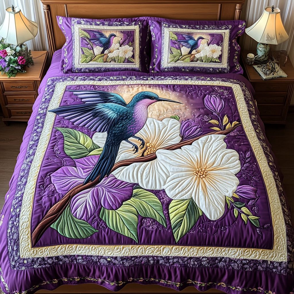Hummingbird Delight quilted 3-piece bedding set on a made bed with two matching pillow shams