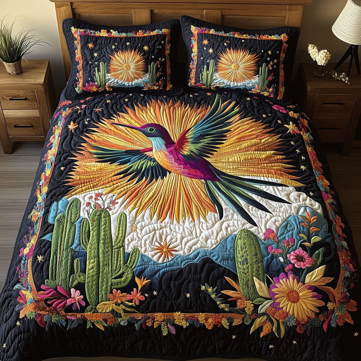 Hummingbird Desert Symphony quilted 3-piece bedding set on a made bed with two matching pillow shams