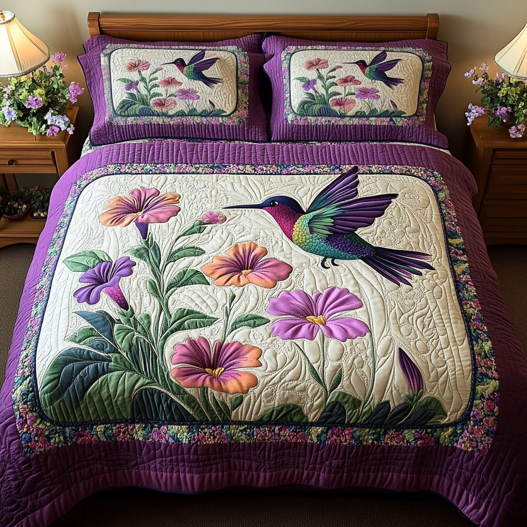 Hummingbird Dream quilted 3-piece bedding set on a made bed with two matching pillow shams