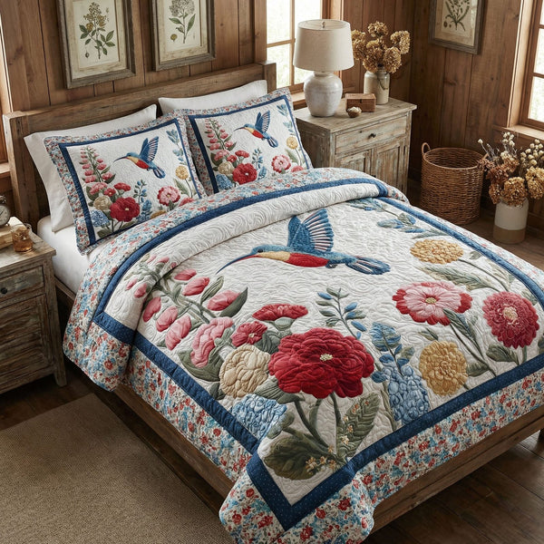 Hummingbird Garden Symphony quilted 3-piece bedding set on a made bed with two matching pillow shams