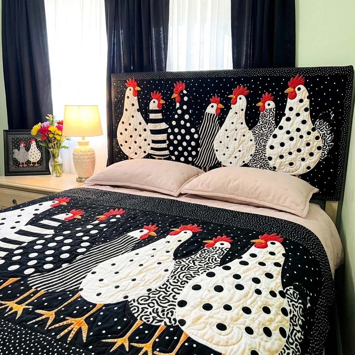 Hummingbird Grace quilted 3-piece bedding set on a made bed with two matching pillow shams