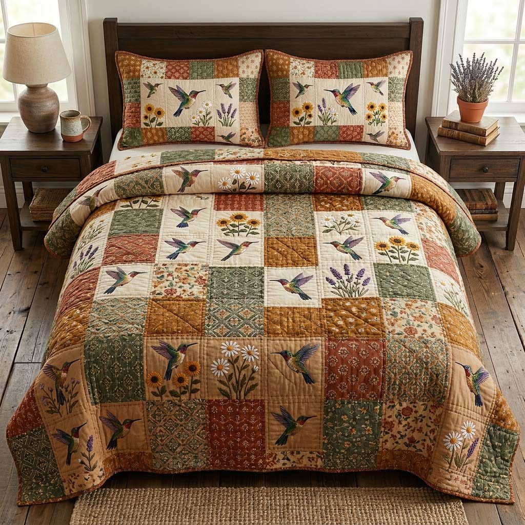 Hummingbird Grace quilted 3-piece bedding set on a made bed with two matching pillow shams