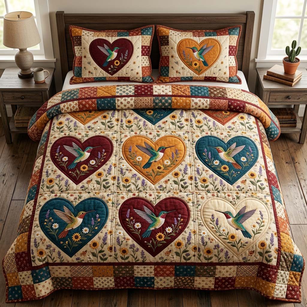 Hummingbird Grace quilted 3-piece bedding set on a made bed with two matching pillow shams