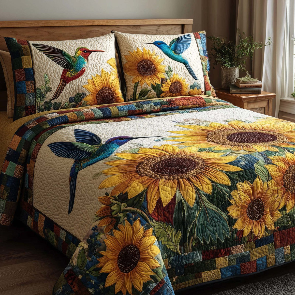 Hummingbird Heaven quilted 3-piece bedding set on a made bed in a softly lit bedroom