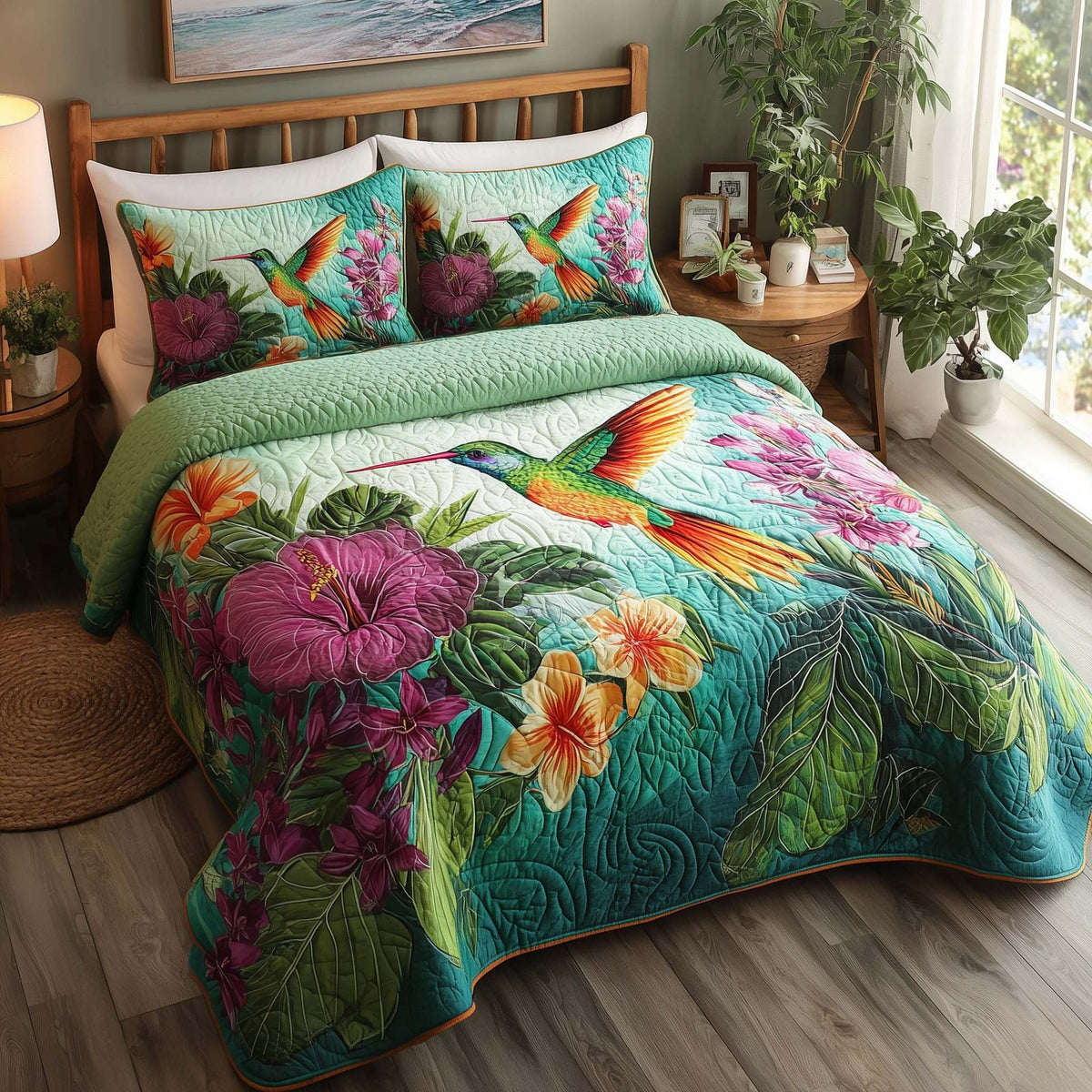 Hummingbird Heaven quilted 3-piece bedding set on a made bed in a softly lit bedroom