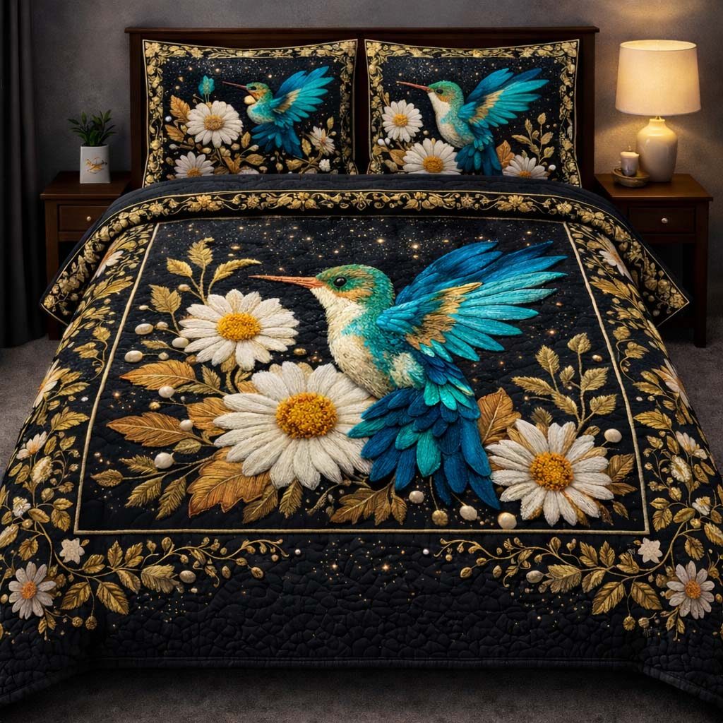 Hummingbird Heaven quilted 3-piece bedding set on a made bed in a softly lit bedroom