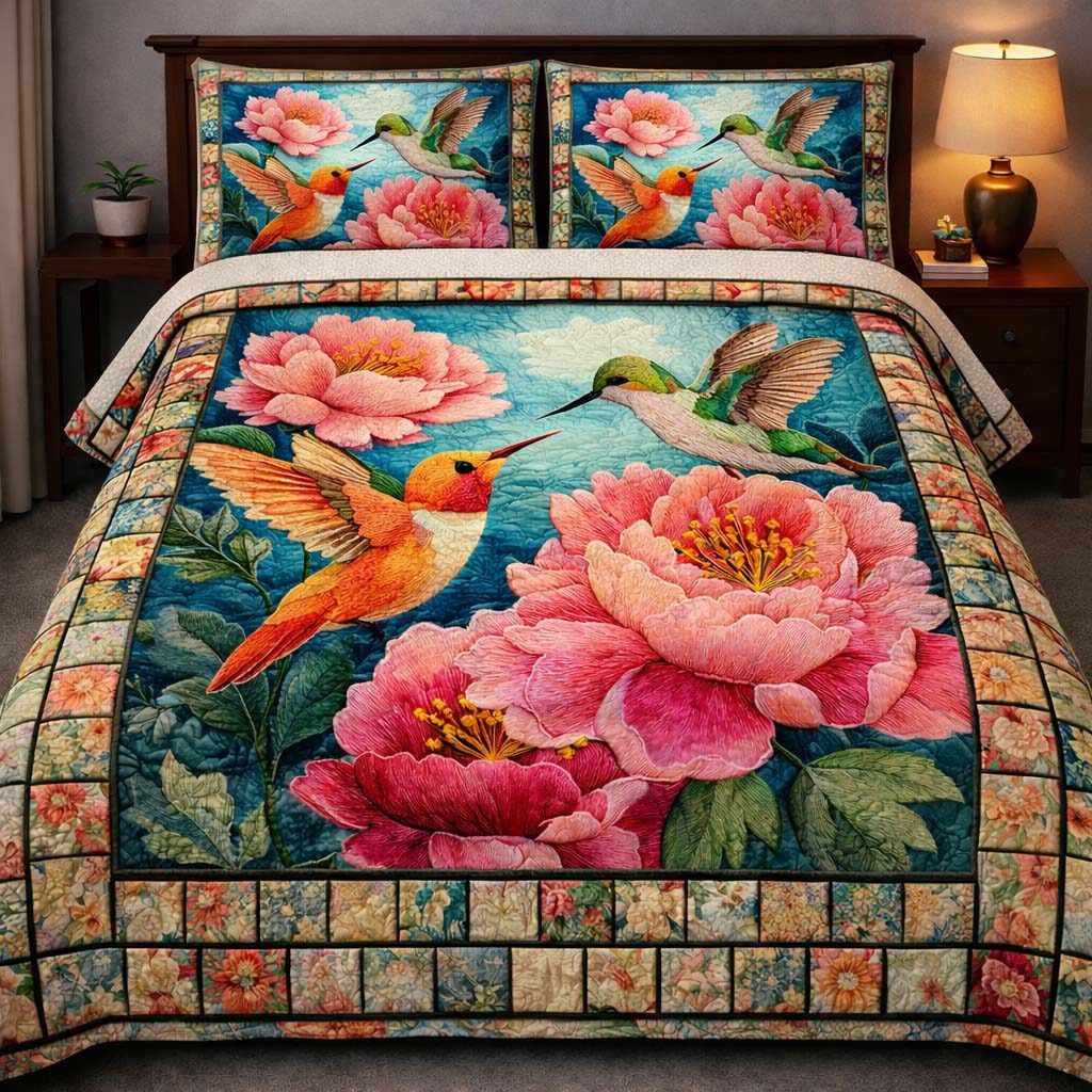 Hummingbird Heaven quilted 3-piece bedding set on a made bed in a softly lit bedroom