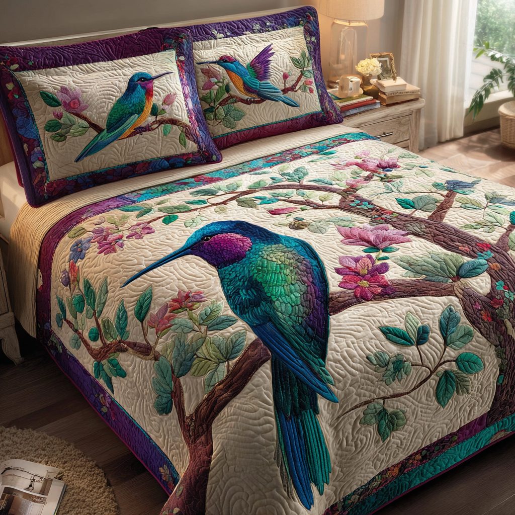 Hummingbird Light quilted 3-piece bedding set on a made bed with two matching pillow shams