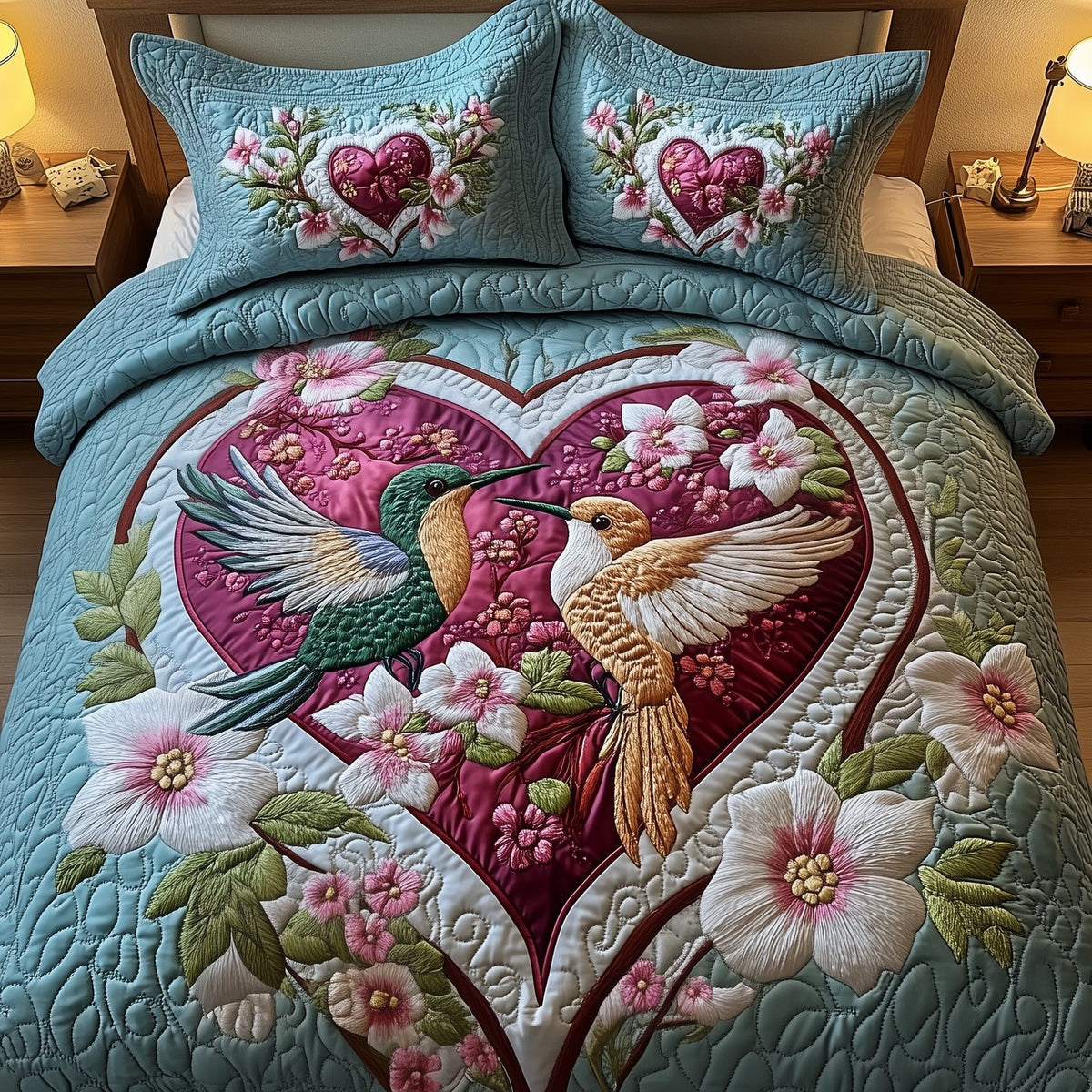 Hummingbird Love quilted 3-piece bedding set on a made bed with two matching pillow shams
