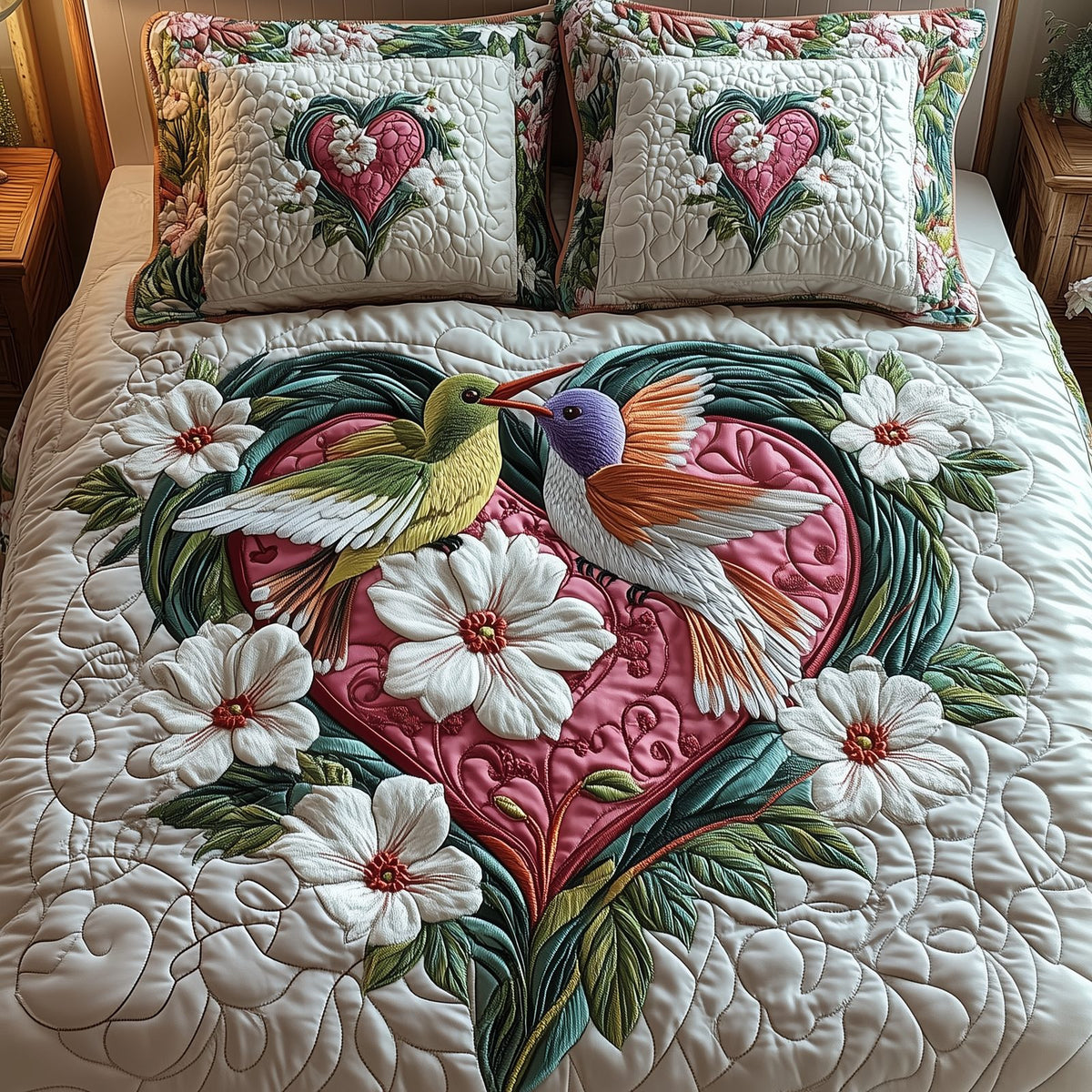 Hummingbird Love quilted 3-piece bedding set on a made bed with two matching pillow shams