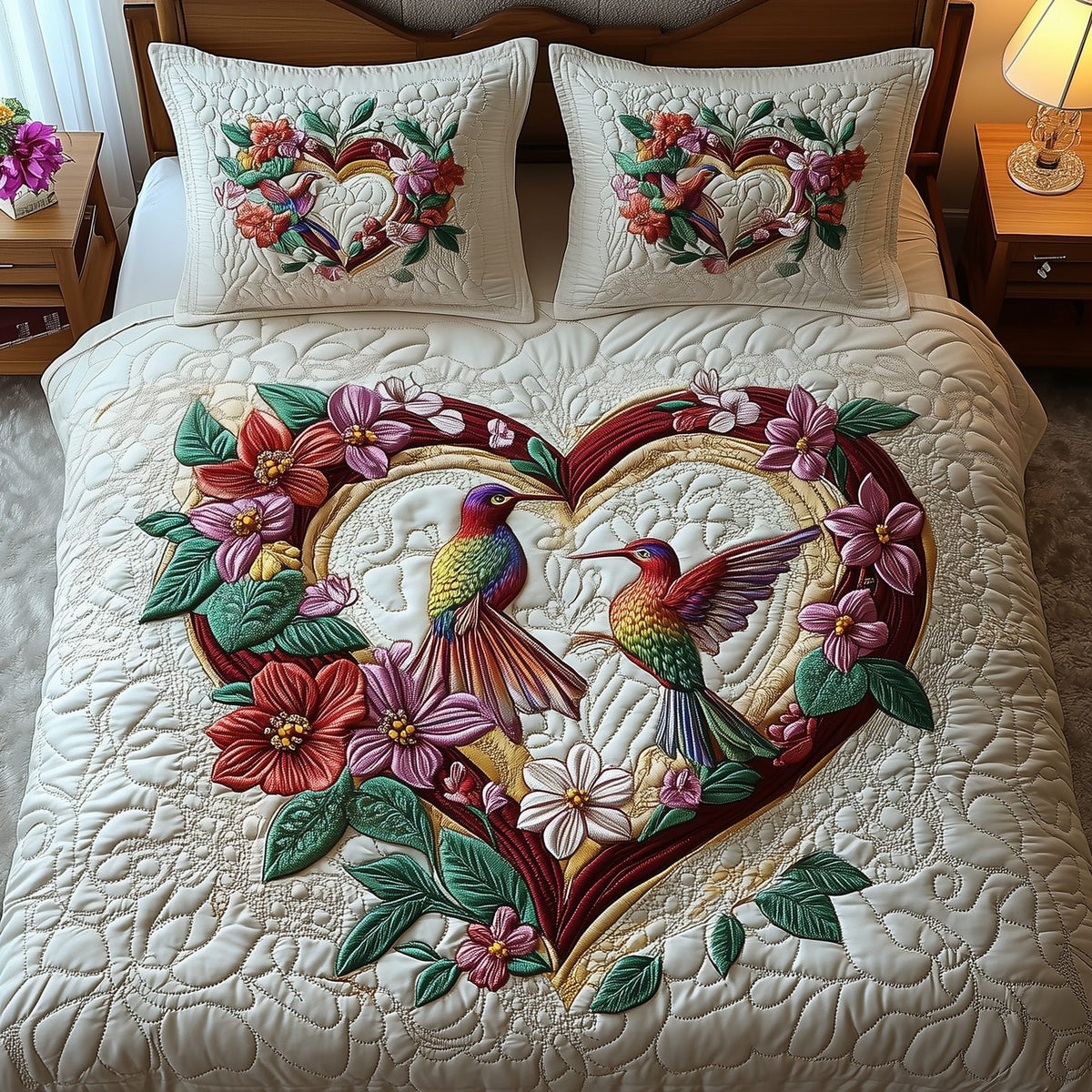 Hummingbird Love quilted 3-piece bedding set on a made bed with two matching pillow shams