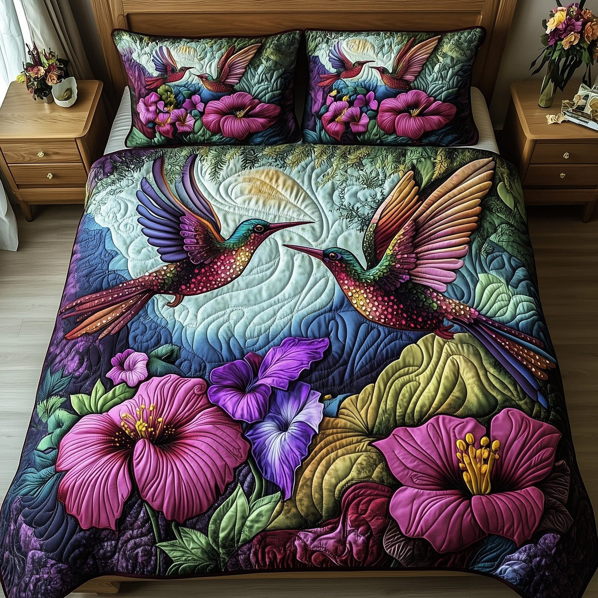 Hummingbird Love quilted 3-piece bedding set on a made bed with two matching pillow shams