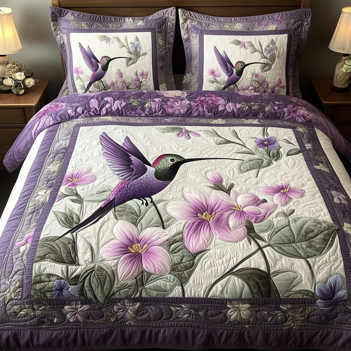 Hummingbird quilted 3-piece bedding set on a made bed with two matching pillow shams