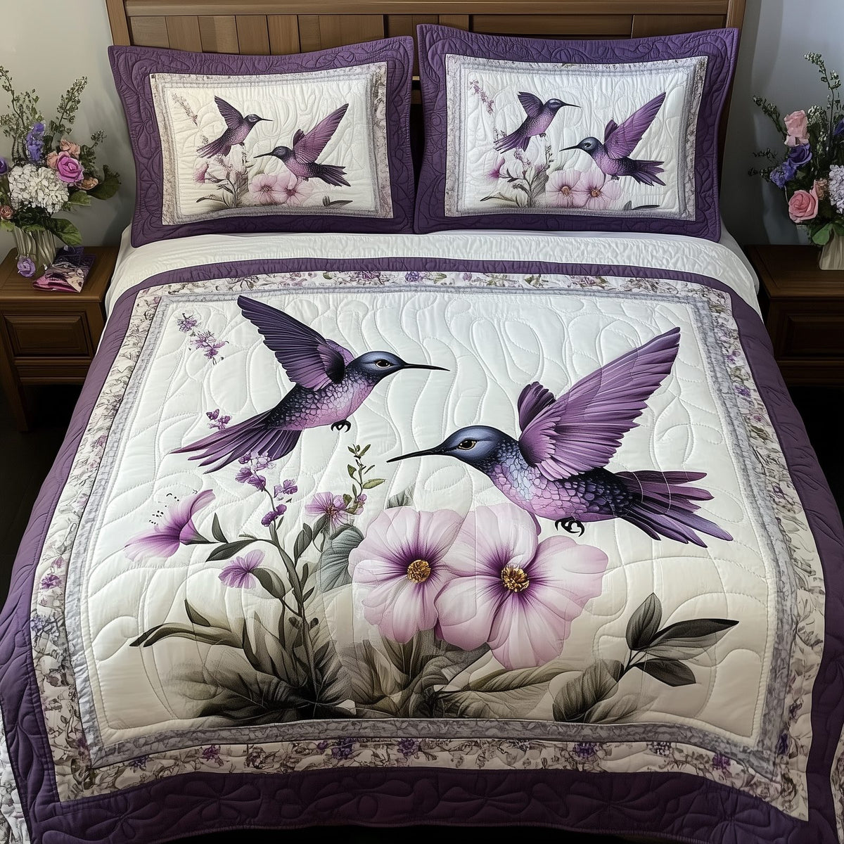 Hummingbird quilted 3-piece bedding set on a made bed with two matching pillow shams