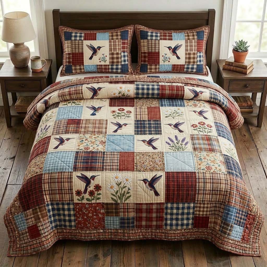 Hummingbird quilted 3-piece bedding set on a made bed with two matching pillow shams