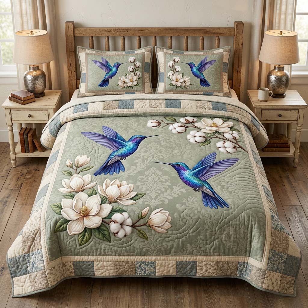 Hummingbird quilted 3-piece bedding set on a made bed with two matching pillow shams