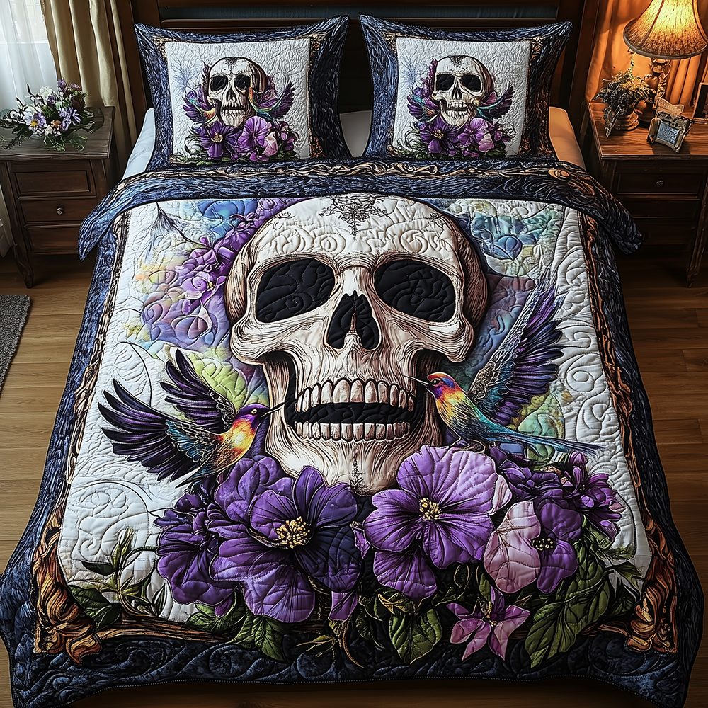 Hummingbird Skull quilted 3-piece bedding set on a made bed against a dark styled interior