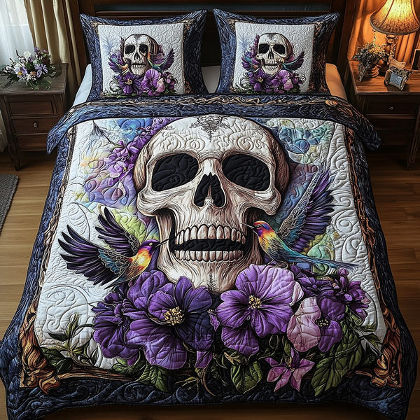 Hummingbird Skull quilted 3-piece bedding set on a made bed against a dark styled interior