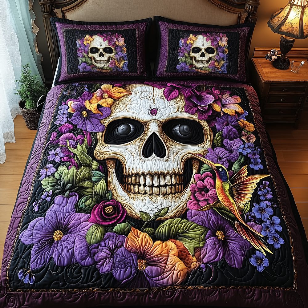 Hummingbird Skull quilted 3-piece bedding set on a made bed against a dark styled interior
