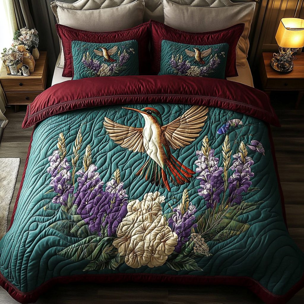 Hummingbird Whispers quilted 3-piece bedding set on a made bed with two matching pillow shams