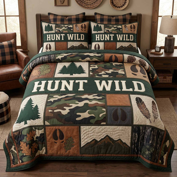 Hunt Patch quilted 3-piece bedding set on a made bed with two matching pillow shams