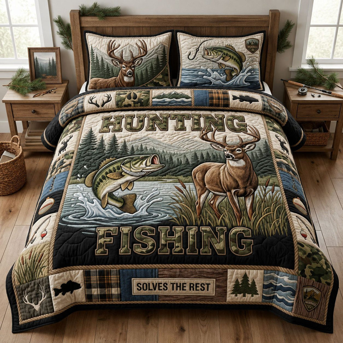 Hunting and Fishing Life quilted 3-piece bedding set on a made bed with two matching pillow shams