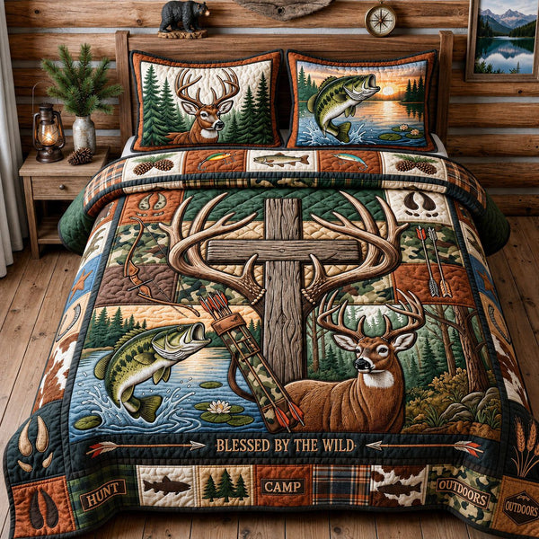 Hunting And Fishing quilted 3-piece bedding set on a made bed with two matching pillow shams