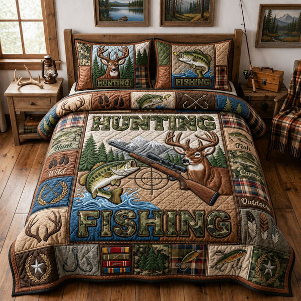 Hunting And Fishing quilted 3-piece bedding set on a made bed with two matching pillow shams