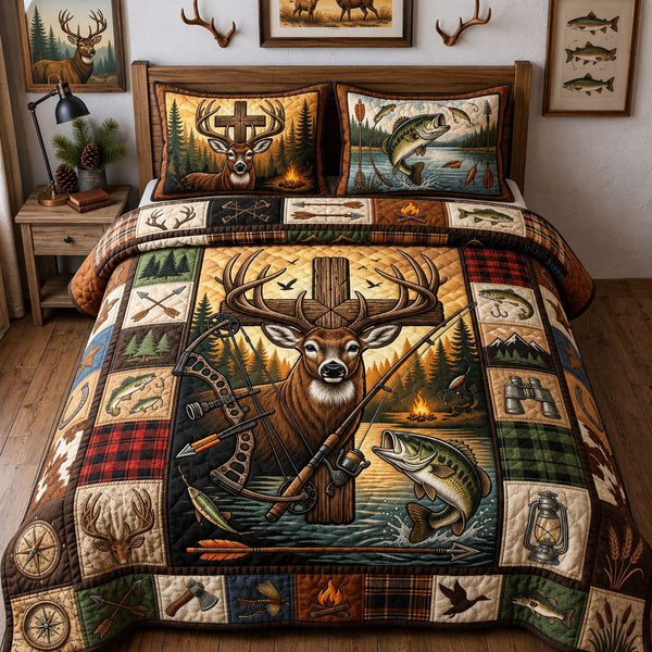 Hunting And Fishing quilted 3-piece bedding set on a made bed with two matching pillow shams