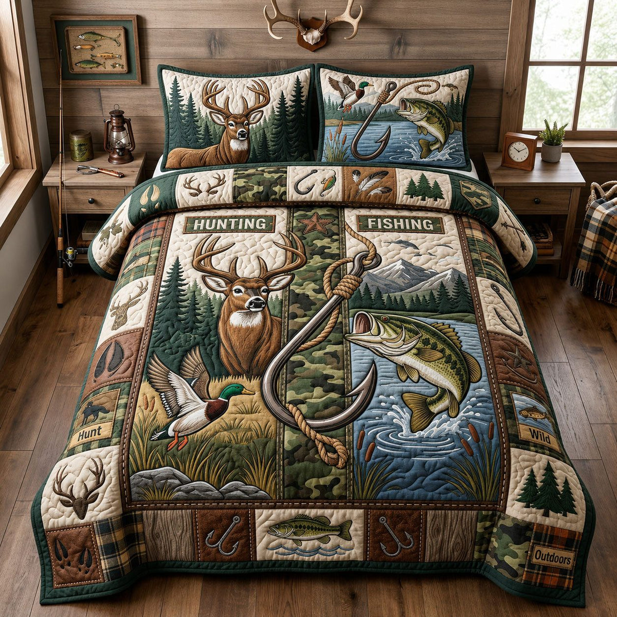 Hunting And Fishing quilted 3-piece bedding set on a made bed with two matching pillow shams