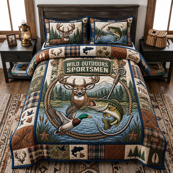 Hunting And Fishing quilted 3-piece bedding set on a made bed with two matching pillow shams