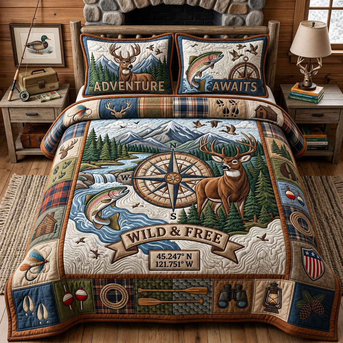 Hunting And Fishing quilted 3-piece bedding set on a made bed with two matching pillow shams