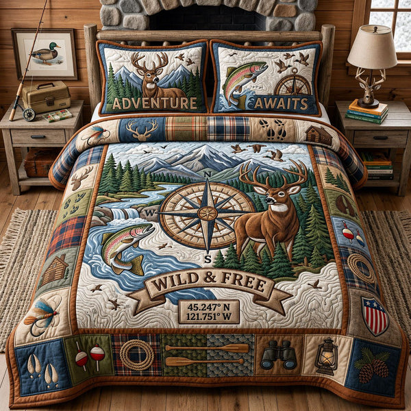 Hunting And Fishing quilted 3-piece bedding set on a made bed with two matching pillow shams